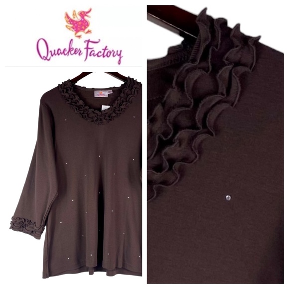 New Quacker Factory Sz XL 14 16 Top Shirt Tunic Brown Ruffle Rhinestone - Picture 1 of 4